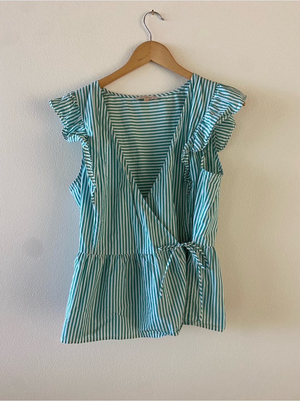 Striped Teal and White Wrap Top
